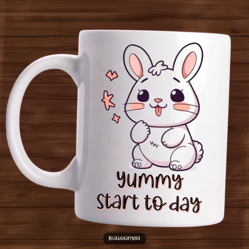 Funny kawaii bunny mug, lips forming a 'K' sound with rhythmic motion, cute and musical for gifts.