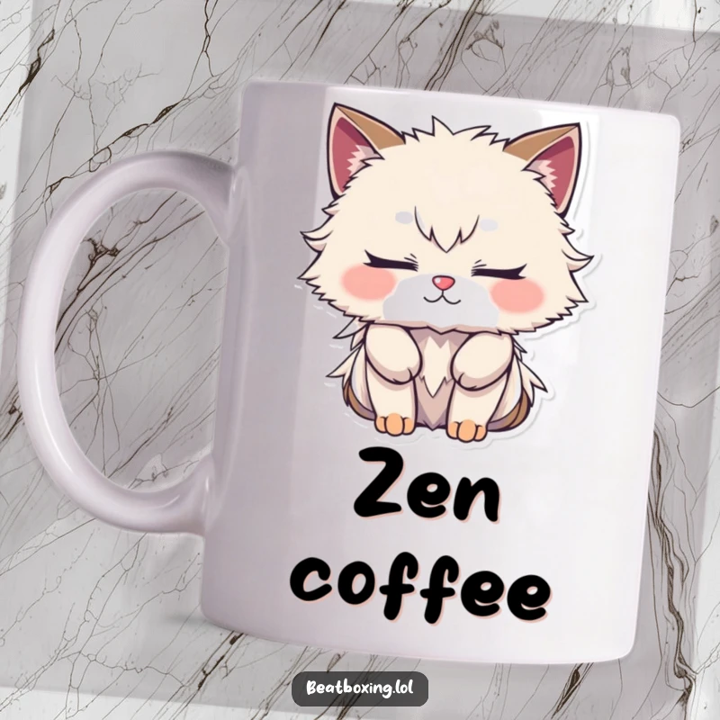 Funny mug with a furry character, closed eyes, deeply focused on creating a complex rhythm, conveying intense concentration.