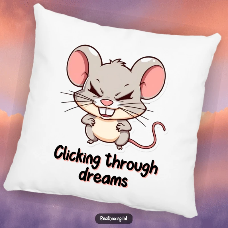 Funny mischievous mouse pillow with a mouse creating sharp beats by clicking its teeth, a soft and humorous gift.