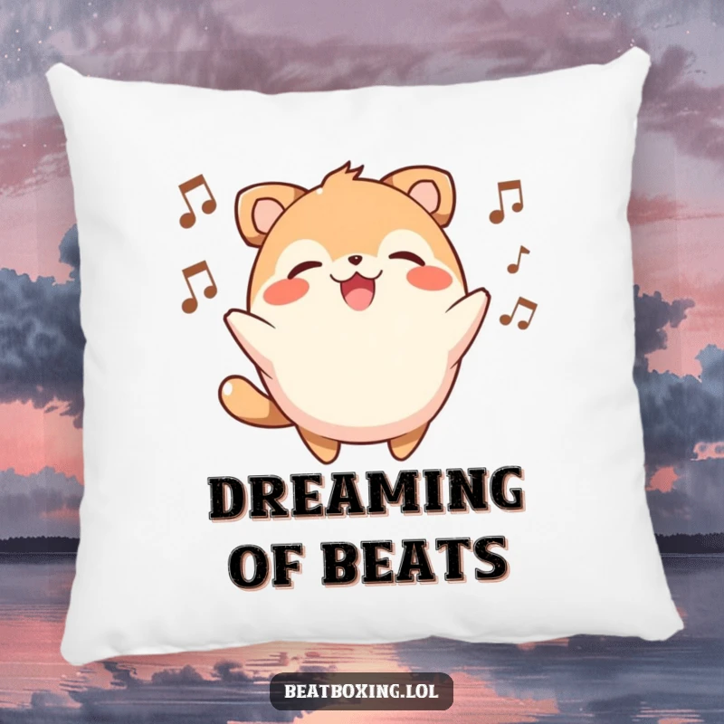 Funny pillow with a round, smiling animal character happily beatboxing, perfect for cozy music lovers.