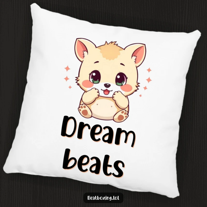 Funny pillow with a small animal character, wide eyes, mimicking percussive sounds with its paws, bringing rhythmic vibes and comfort.