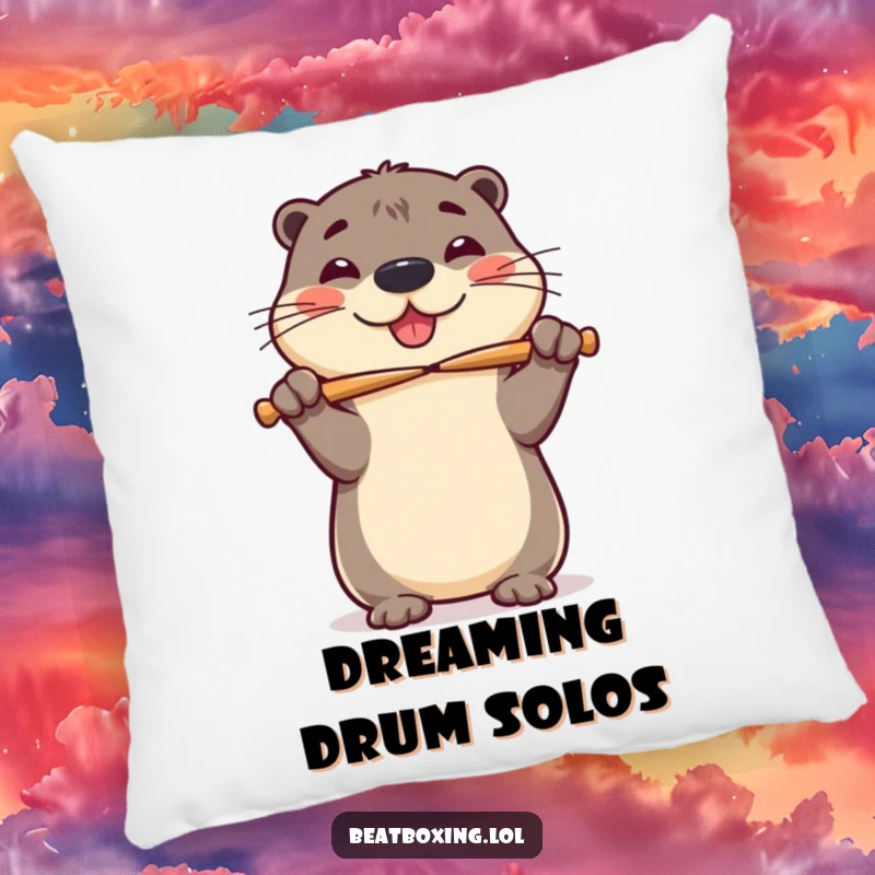 Funny pillow showcasing a cheerful otter wobbily balancing drumsticks on its nose, bringing playful percussion to any room.