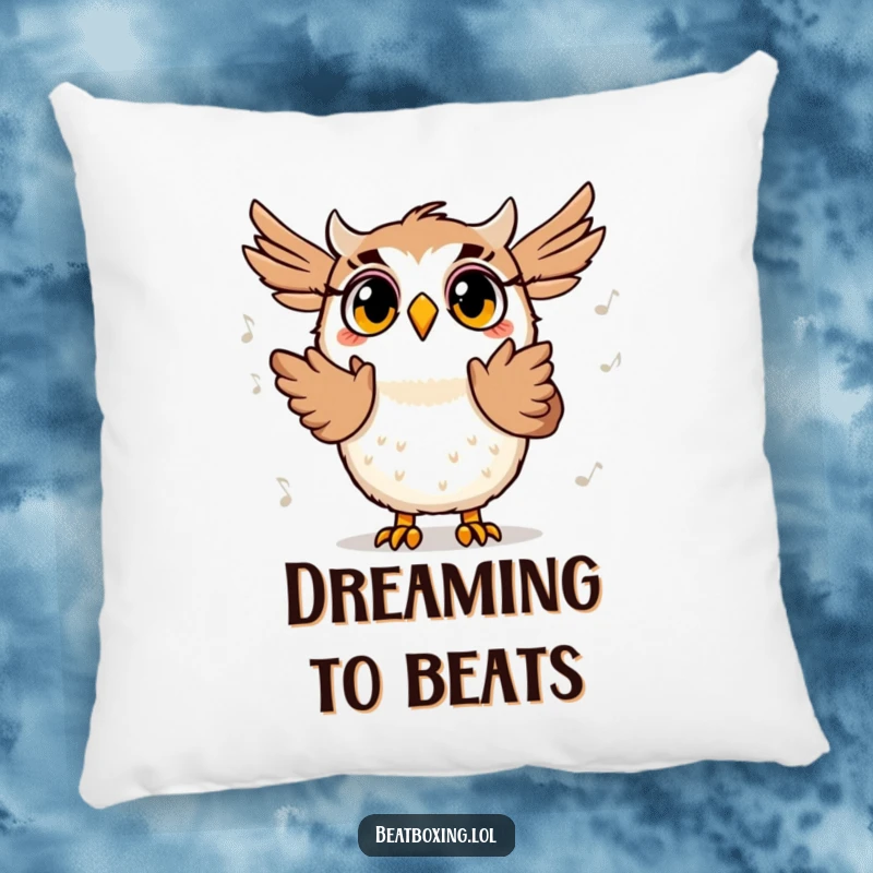 Funny pillow featuring a surprised owl character clapping its wings to a beat, eyes wide with happy surprise, perfect for music lovers.