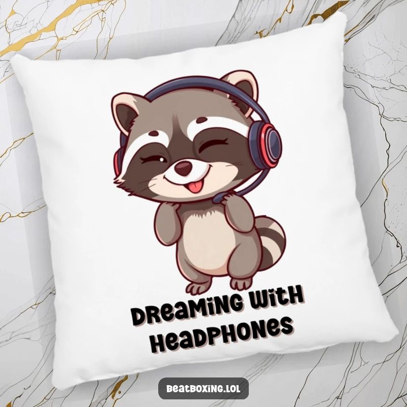 Funny pillow showcasing a winking raccoon adjusting a headset with a rhythmic grin, a humorous and cozy accent.