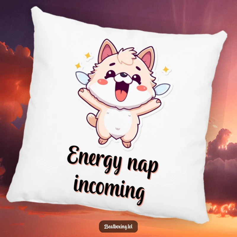 Funny pillow showcasing a fuzzy animal character energized and buzzing, mouth open in a funny, excited gesture.