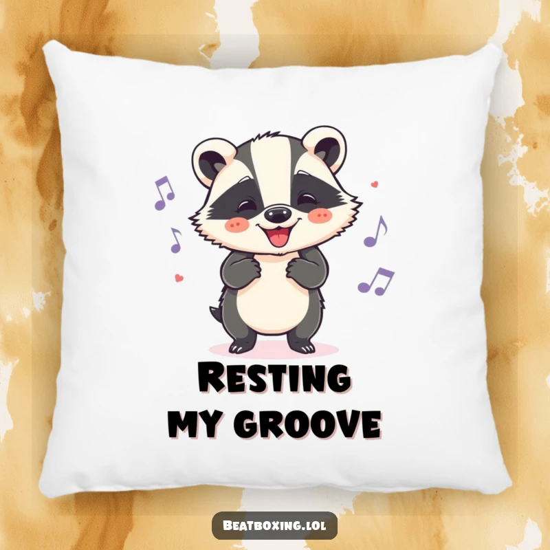 Funny badger pillow featuring a cheerful character grooving to a beat with head nods, a soft and humorous accent.