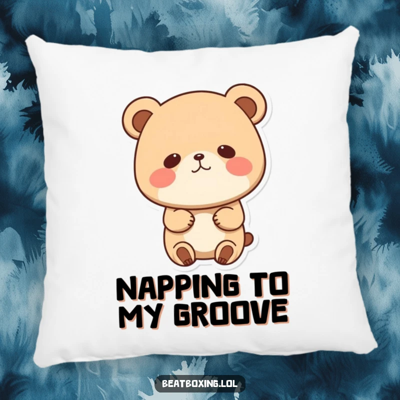 Funny pillow featuring a cute bear character with puffed cheeks, bobbing its head rhythmically, designed for maximum comfort and humor.