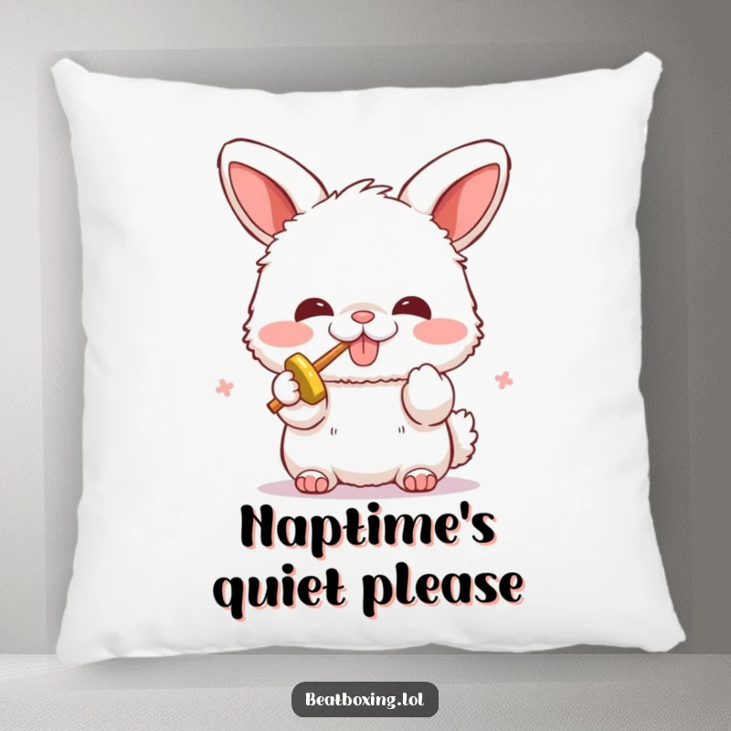 Funny pillow with a fluffy bunny character enthusiastically beatboxing. Soft, decorative, and humorous home accessory.