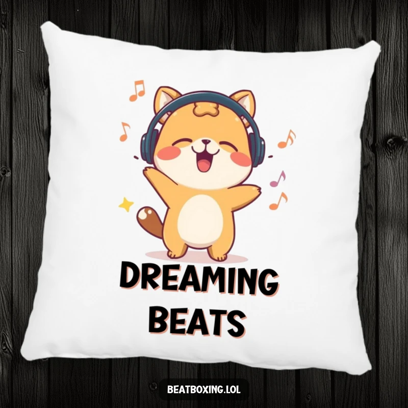 Funny pillow with a happy animal character energetically bobbing its head, bringing musical vibes and comfort.