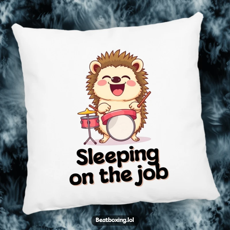 Funny pillow showcasing a laughing hedgehog balancing a tiny drum set, a humorous and cozy accent.