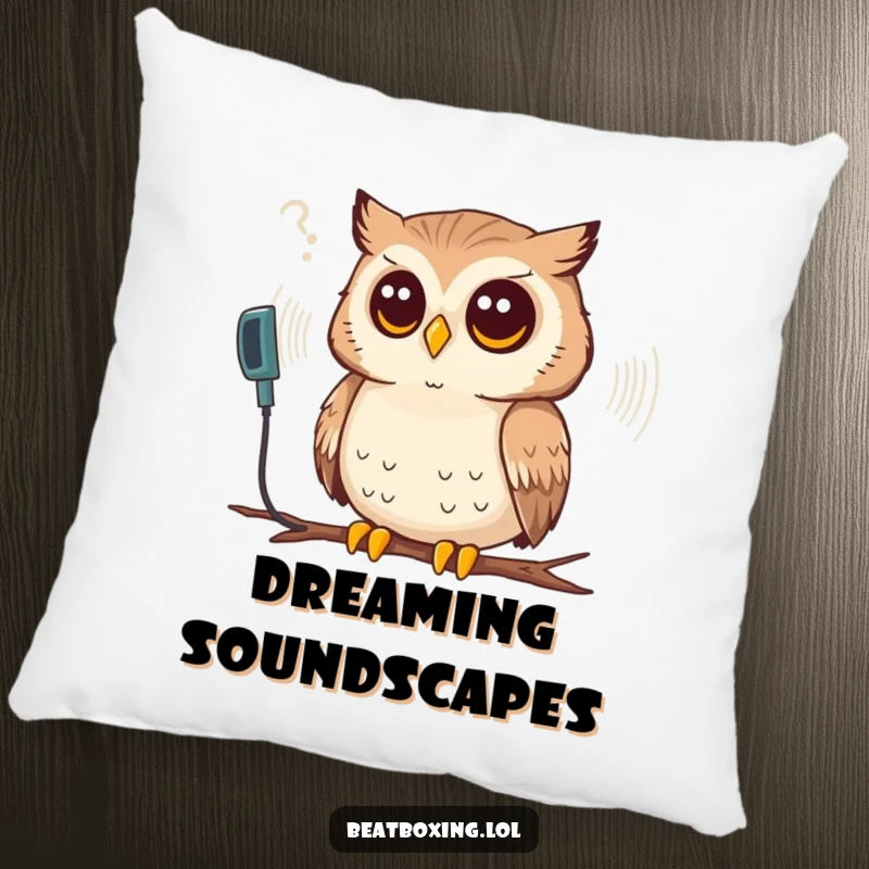 Funny pillow showcasing a thoughtful owl intently listening to a synthesized sound wave, adding a calm, wise touch.