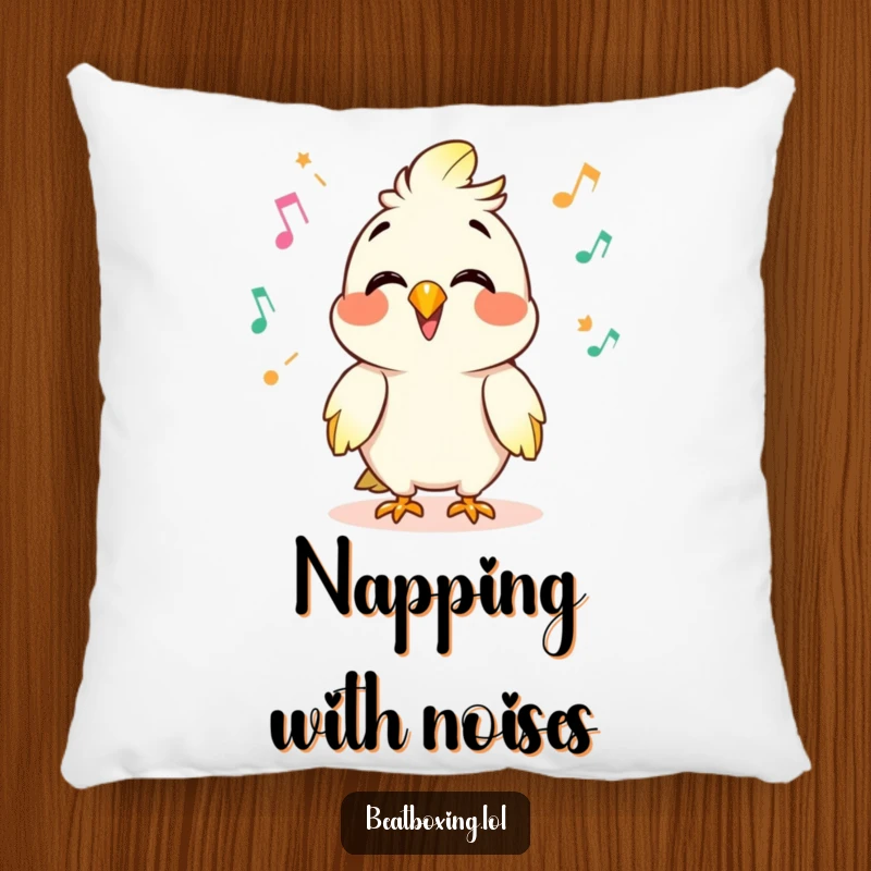 Funny pillow featuring a giggling parrot character mimicking sounds, its beak open to emit rapid clicks and pops with a smile.