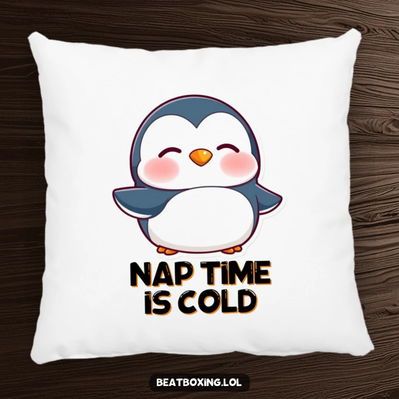 Funny Penguin Pillow: A penguin character vibrating its lips for a 'brrr' sound, a soft and humorous decorative cushion.