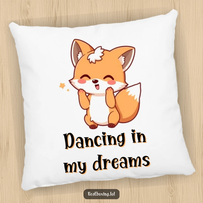 Funny pillow showcasing a playful fox wagging its tail and making beat motions, a humorous and cozy accent.