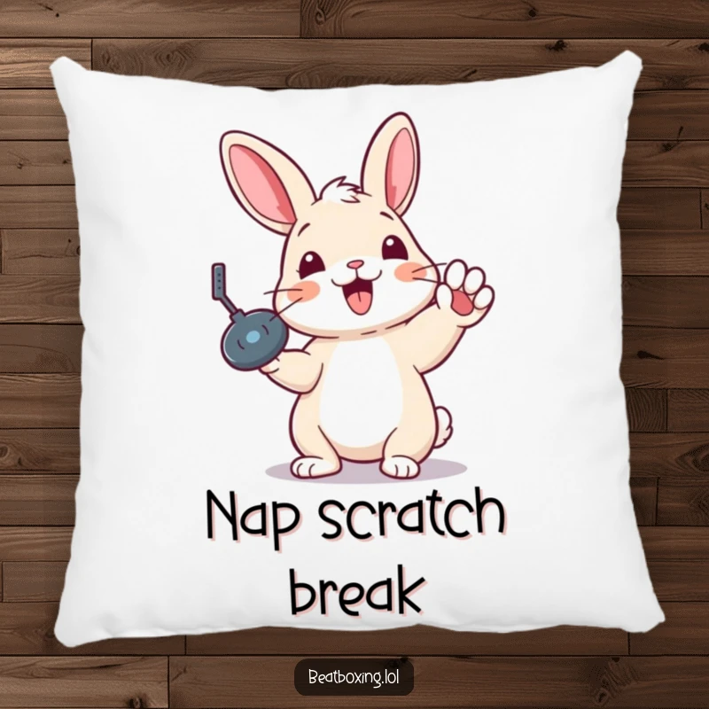 Funny pillow showcasing a delighted rabbit performing a record scratch gesture, adding quirky musical charm to seating.