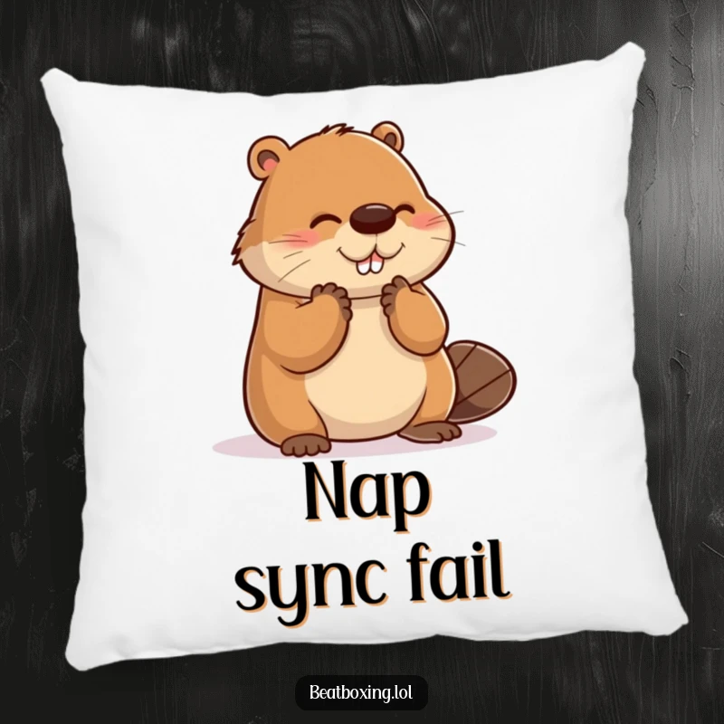 Funny pillow showcasing a clumsy beaver attempting to clap, humorously missing the beat with adorable awkwardness.