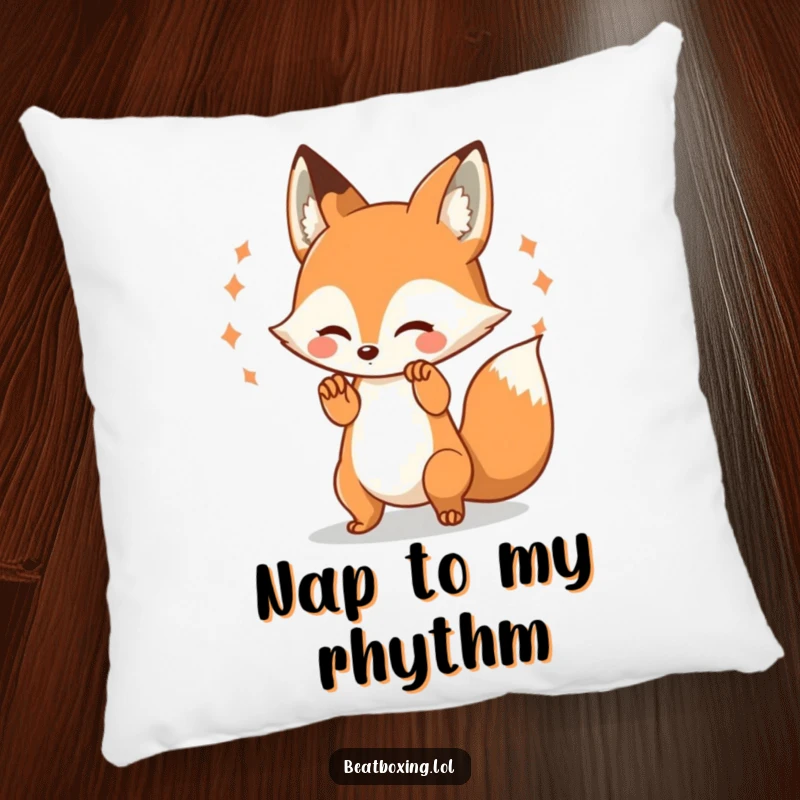 Funny Fox Pillow: A cute fox character tapping its paws in a rhythmic beat, emitting visual pulses, perfect for plush decor.