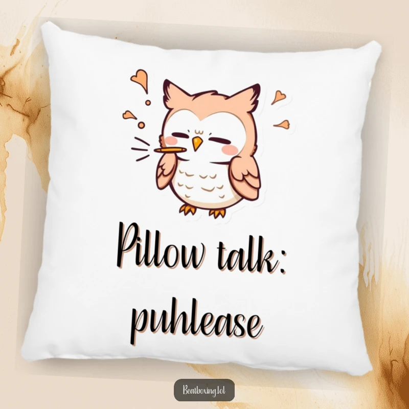 Funny Owl Pillow: A cute owl character blowing air out for a 'p' sound, offering comfort and a touch of playful humor.