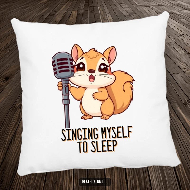 Funny pillow featuring a surprised squirrel peeking from behind a microphone stand, a humorous and cozy addition.