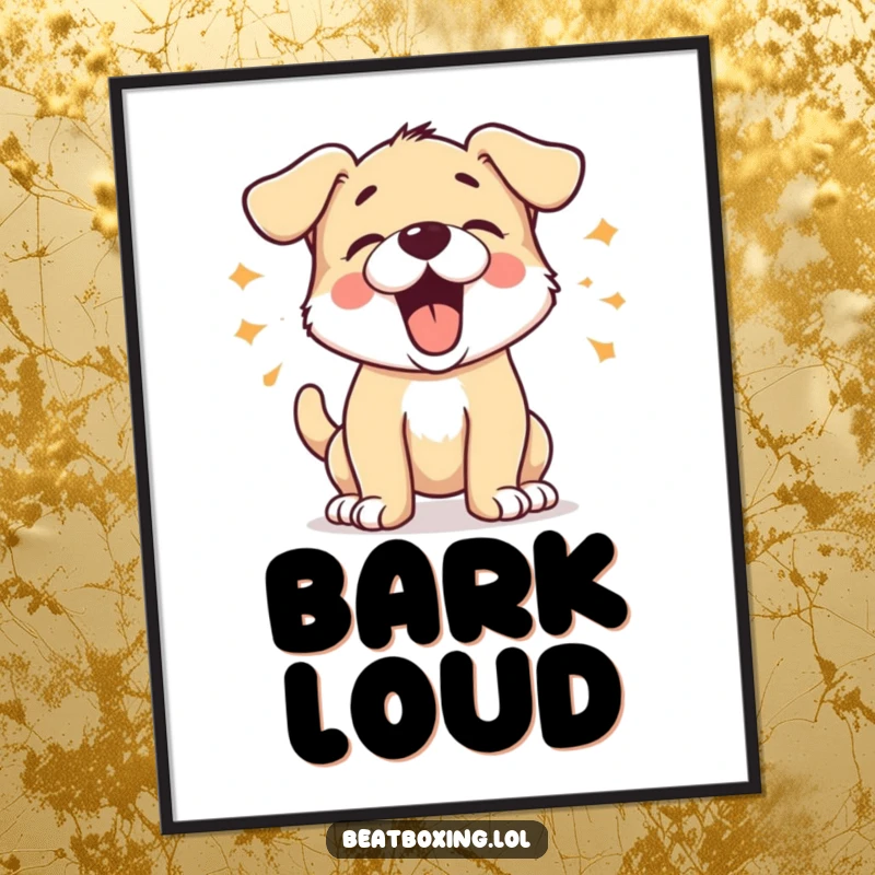 Funny Barking Puppy Digital Art Print featuring an energetic puppy character barking in distinct short bursts, for instant humorous wall decor.