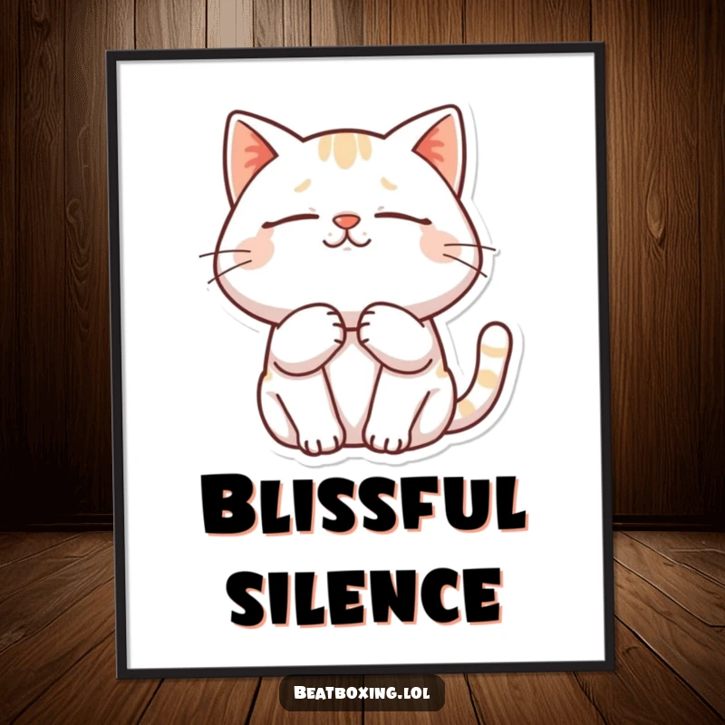 Funny digital art print of a cat purring deeply with closed eyes and a contented expression.