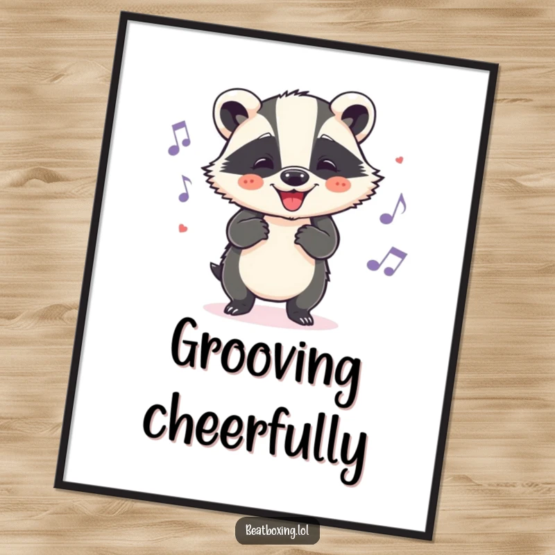 Funny badger digital art print showing a cheerful character grooving to a beat with head nods, a downloadable hilarious artwork.