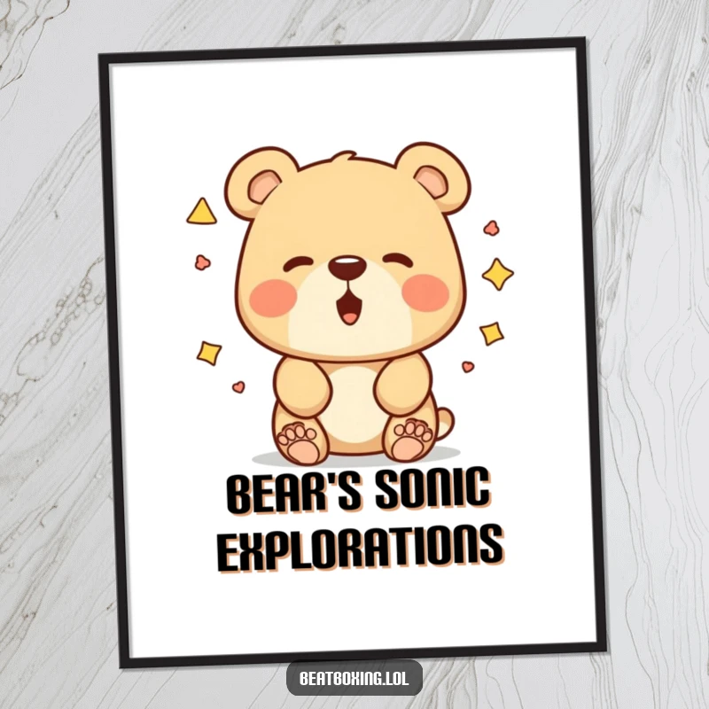 Funny bear digital art print of a curious bear with diverse mouth formations for sound exploration, a humorous decor piece.