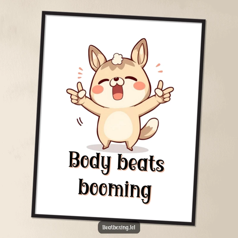 Funny digital art print of a determined animal character pointing to its body to create sound effects.