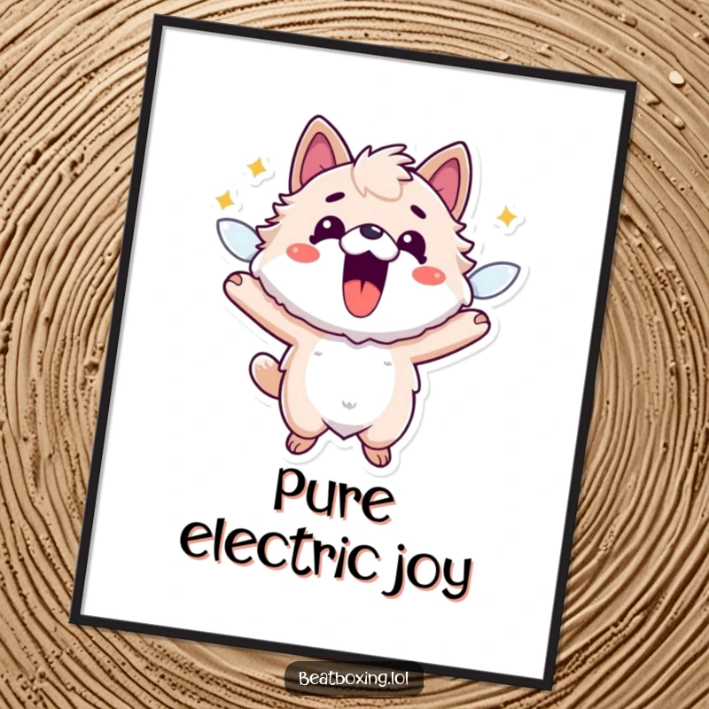 Funny digital art print of a fuzzy animal character bursting with vibrant energy, mouth open in a hilariously animated depiction.
