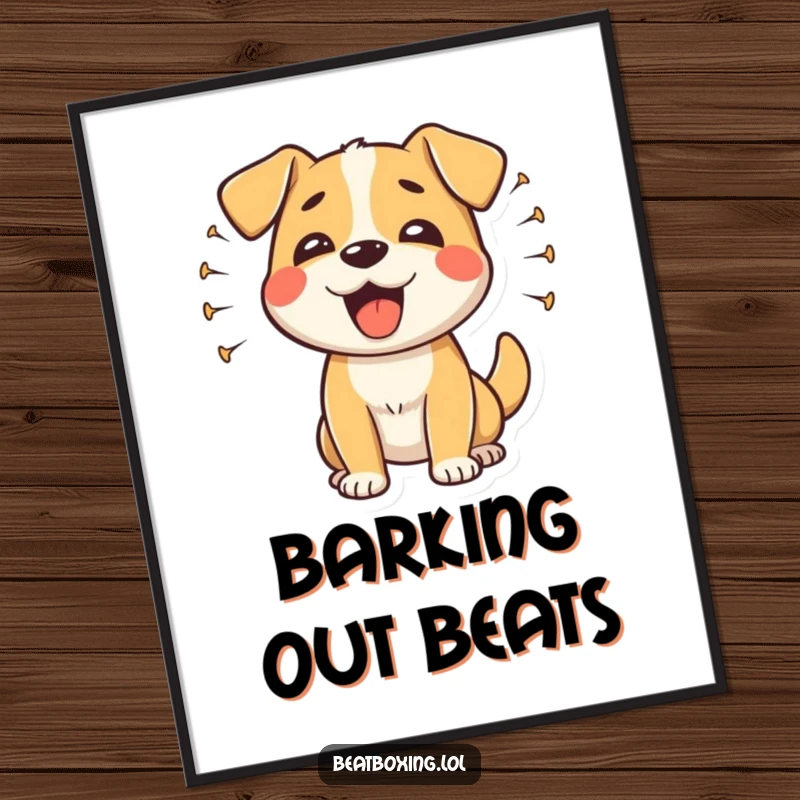 Funny happy dog digital art print showing sound waves from rhythmic barks, a joyful and humorous decor piece.