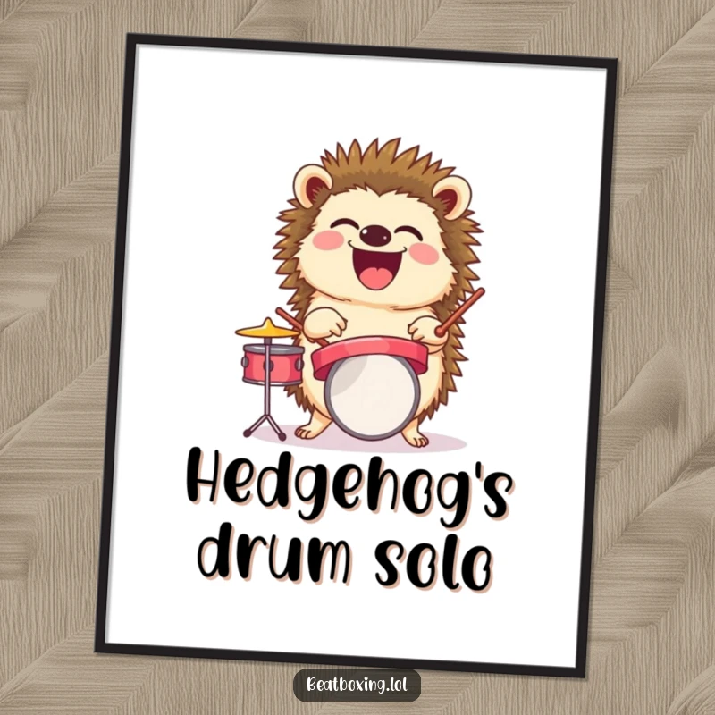 Funny digital art print of a laughing hedgehog balancing a tiny drum set, perfect for instant rhythmic decor.