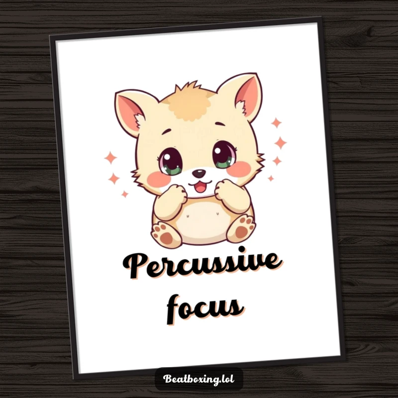 Funny digital art print of a small animal character with wide eyes, mimicking percussive sounds with its paws, a vibrant musical decor.