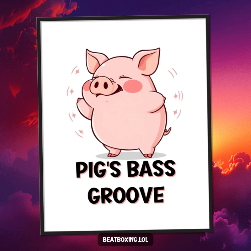 Funny plump pig digital art print of rhythmic grunts and bass vibrations, a humorous decor piece.