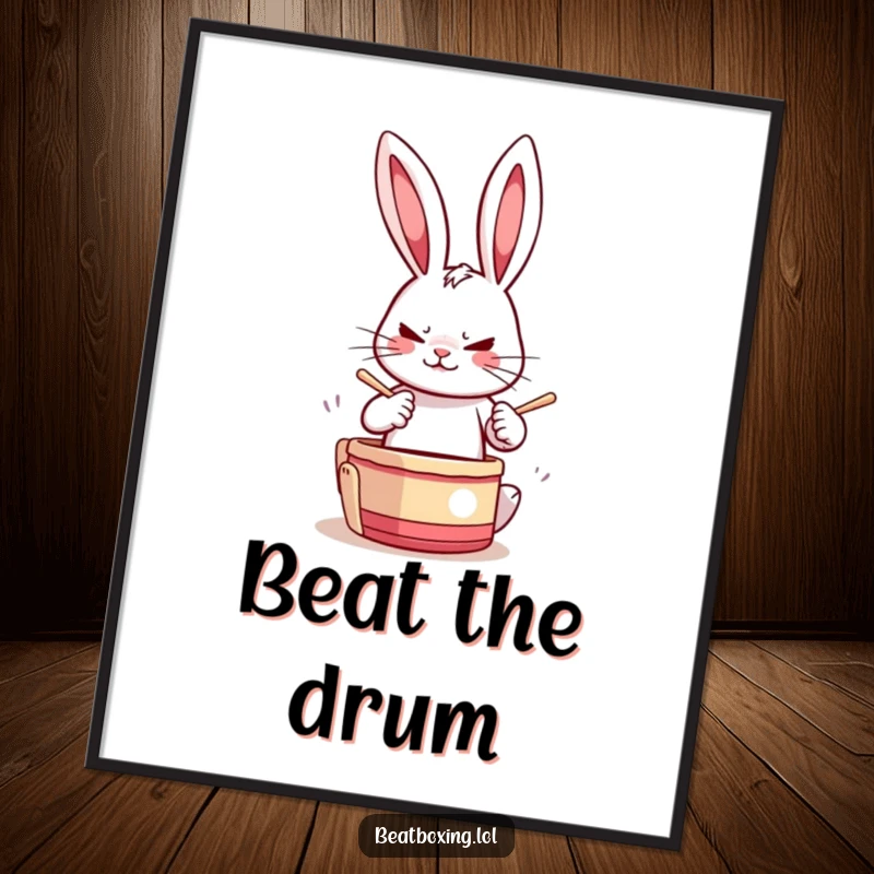 Funny Drumming Rabbit Digital Art Print featuring a determined rabbit character drumming paws rapidly, for instant energetic musical decor.