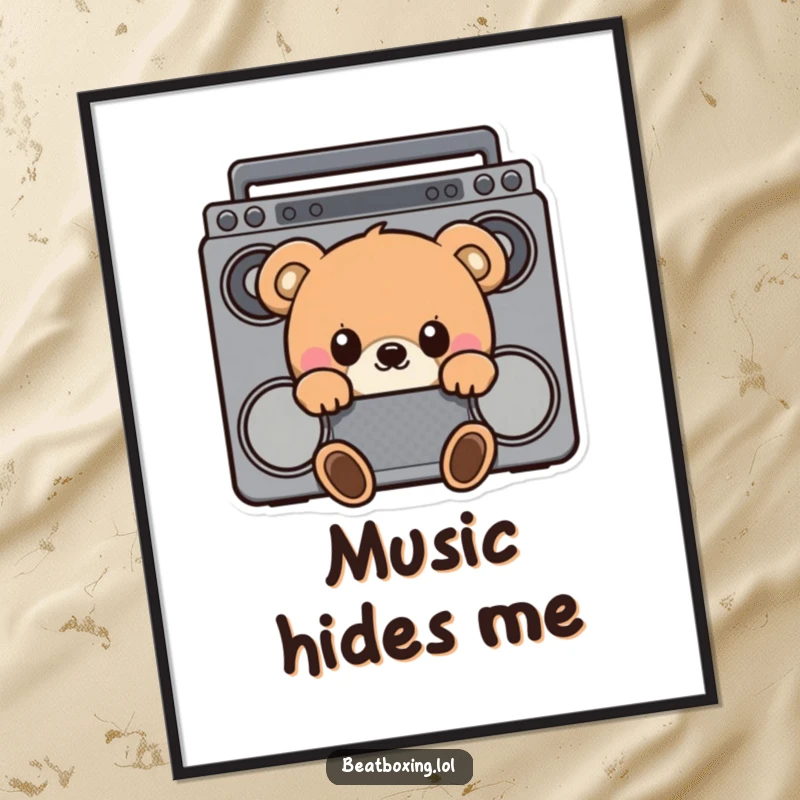 Funny digital art print of a curious bear hiding behind a boombox, peeking out with wide eyes, perfect for music fans.