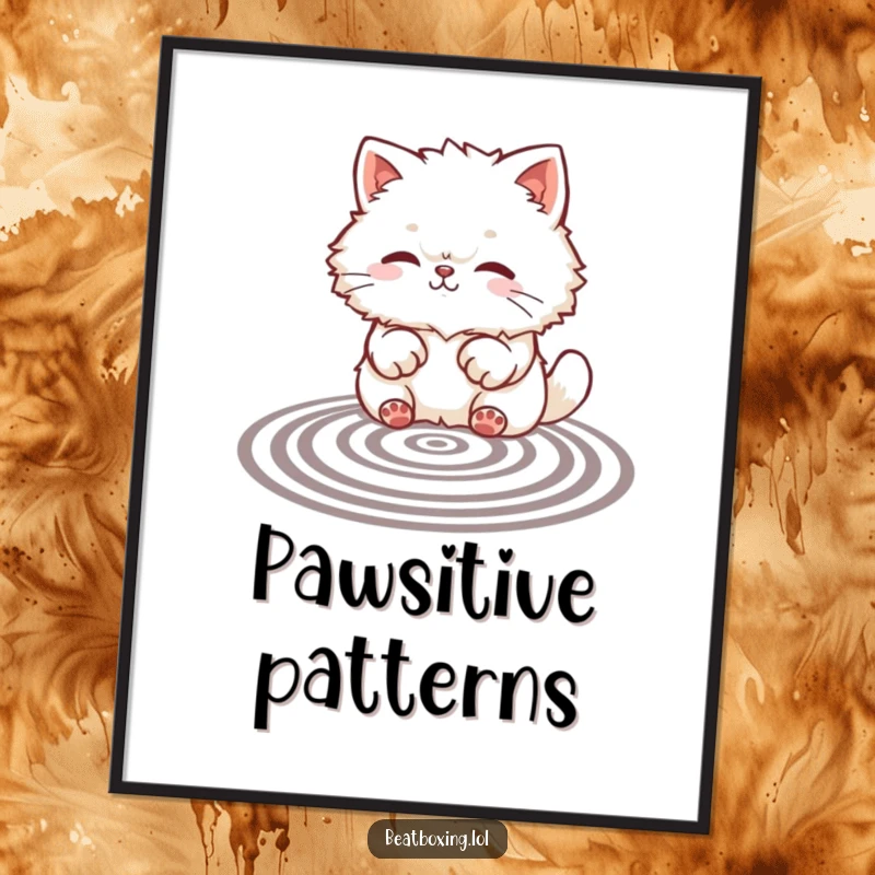 Funny digital art print of a fluffy cat creating rhythmic patterns with its paws, perfect for cute and humorous wall decor.