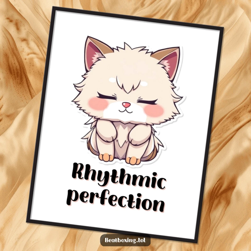Funny digital art print of a furry character with closed eyes, deeply focused on creating a complex rhythm, inspiring decor.