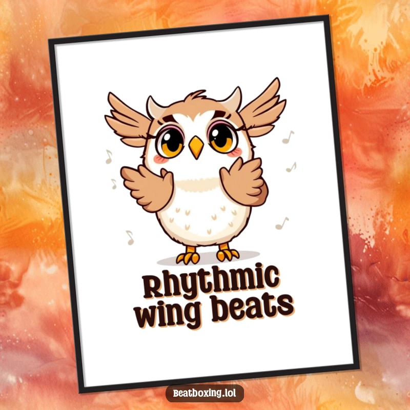 Funny digital art print of a surprised owl character clapping its wings rhythmically to music, a joyful and humorous piece.