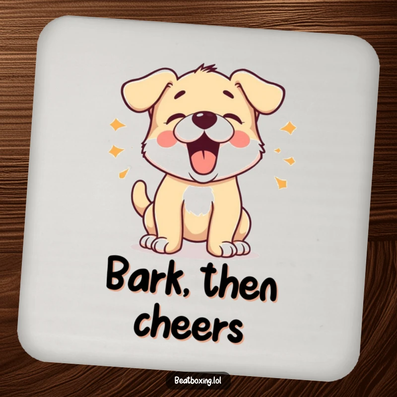 Set of Funny Barking Puppy Coasters showcasing an energetic puppy barking in short bursts, protecting surfaces with playful canine humor.