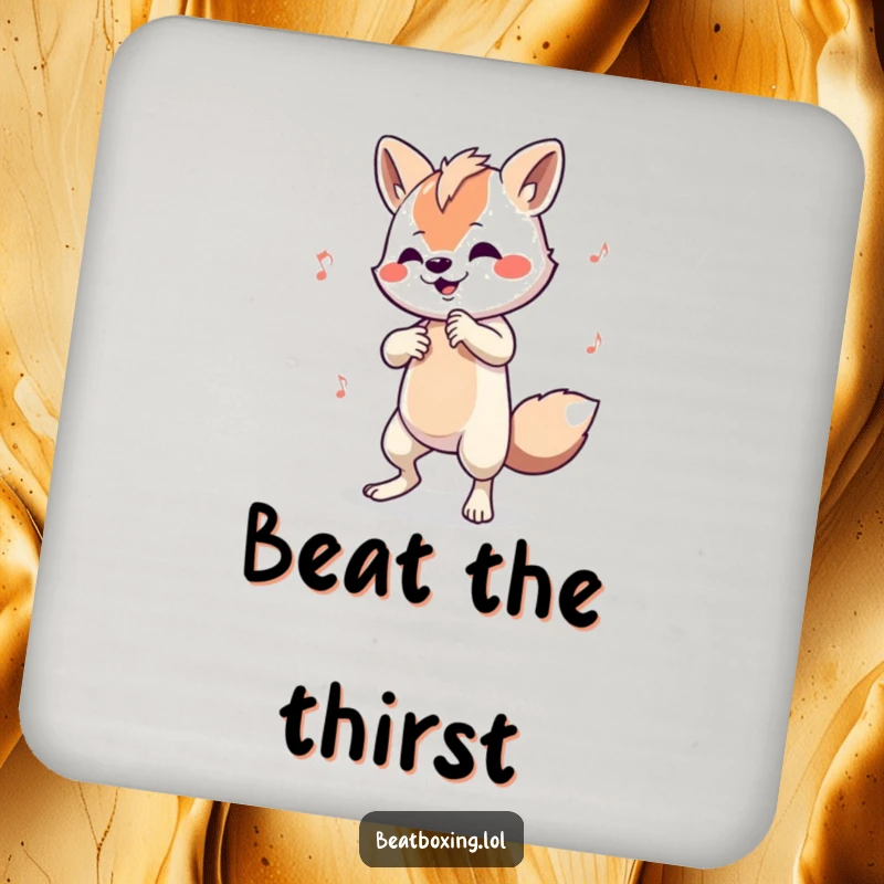 Funny drink coaster featuring an animal character tapping a complex beat on its limbs, for music enthusiasts.