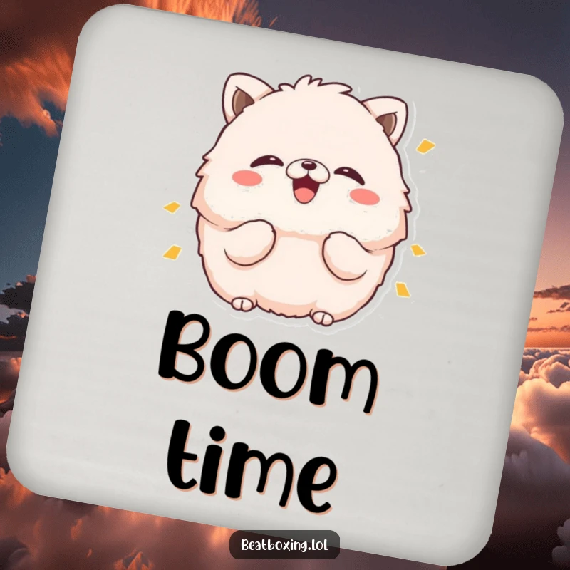 Funny drink coaster featuring a fluffy animal character with puffed cheeks, making a 'boom' sound, protecting surfaces with style.