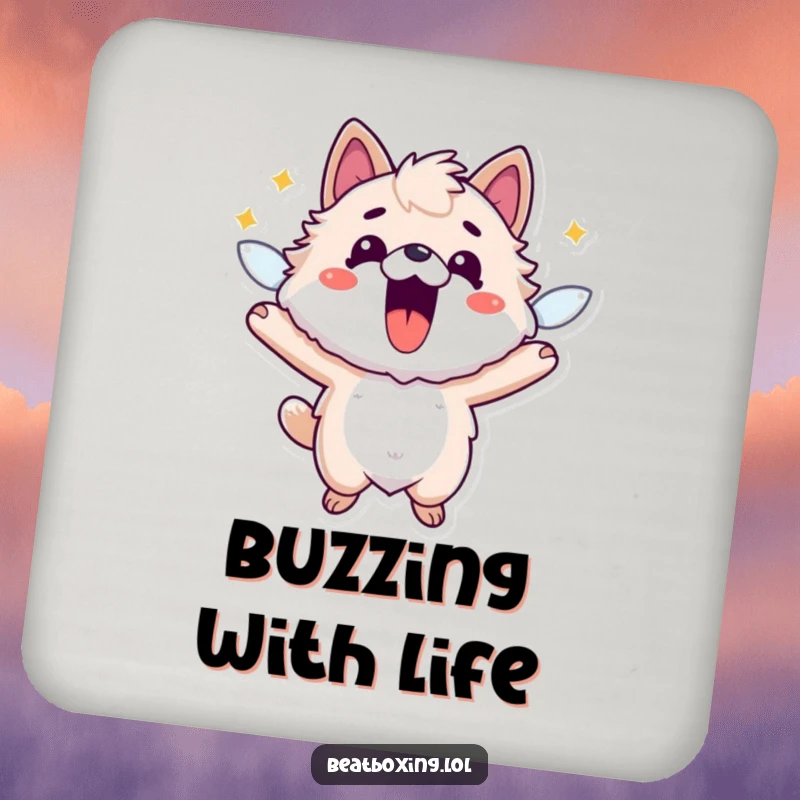 Funny drink coaster designed with a fuzzy animal character buzzing with energy, mouth open in a comically lively pose.