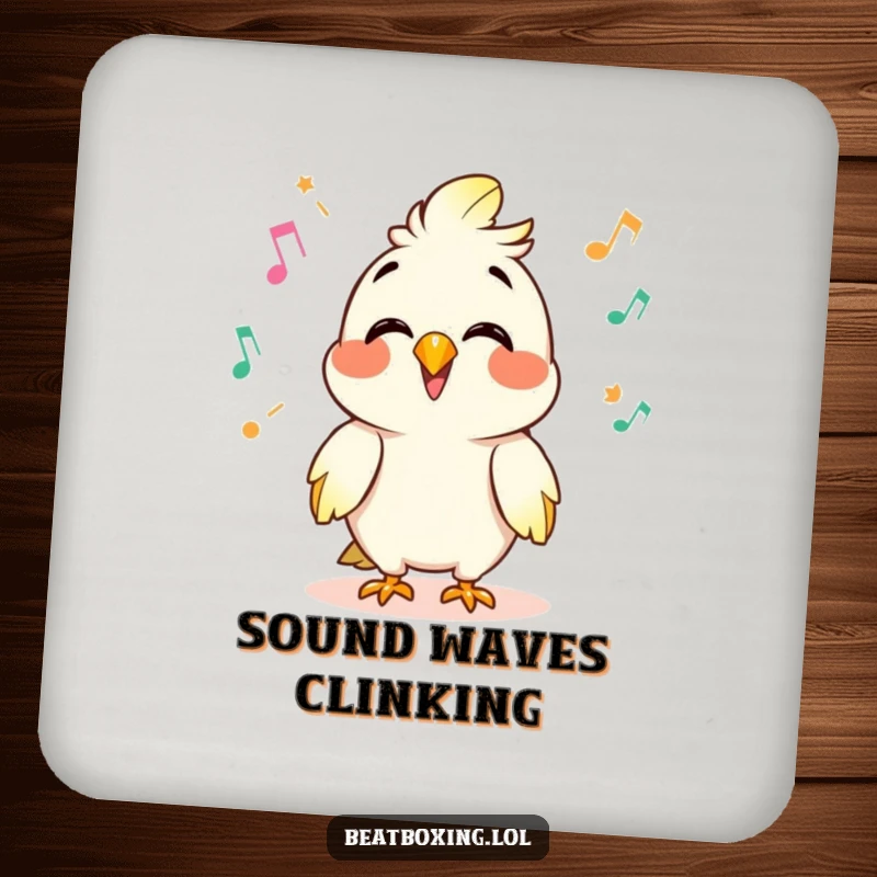 Funny drink coaster with a giggling parrot character mimicking sounds, clicks and pops emanating, adding humor to any setting.