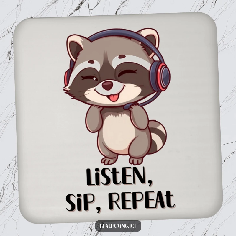 Funny drink coaster with a winking raccoon adjusting a headset and a rhythmic grin, adds gamer humor to surfaces.