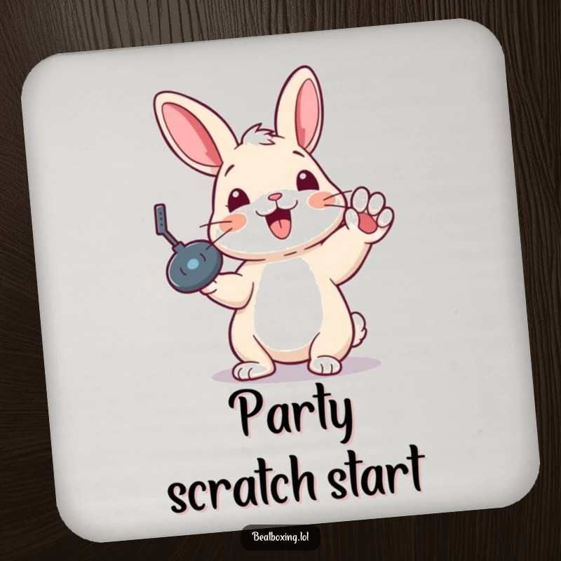 Funny coasters featuring a delighted rabbit doing a record scratch, adding musical flair and surface protection.