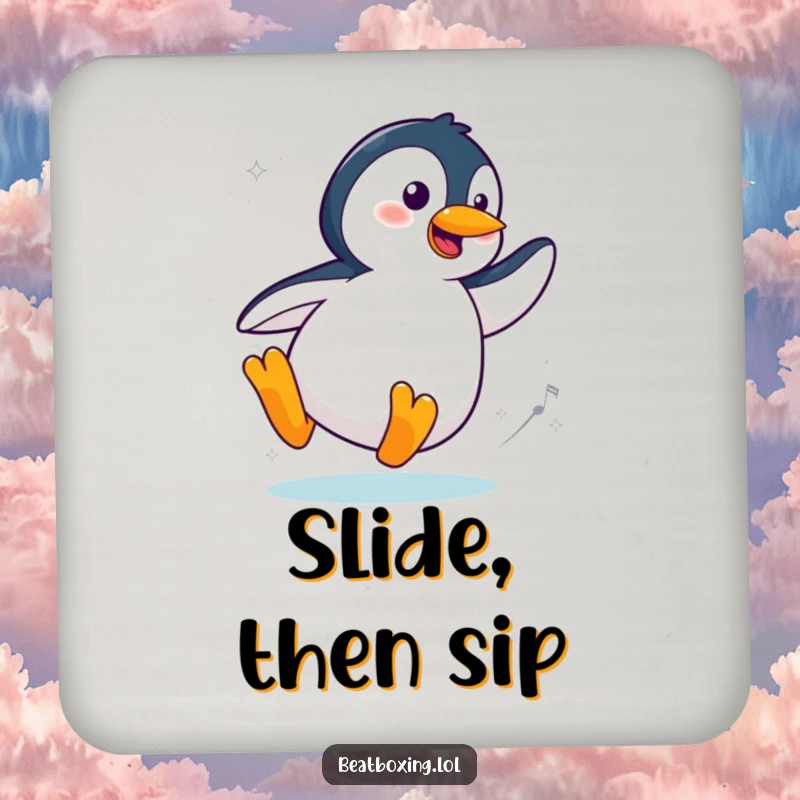 Set of Funny Cool Penguin Coasters showcasing a stylish penguin sliding and spinning with flair, protecting surfaces with cool humorous style.
