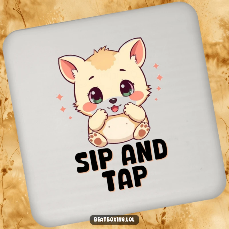 Funny drink coaster with a small animal character, wide eyes, mimicking percussive sounds with its paws, protecting surfaces with rhythm.