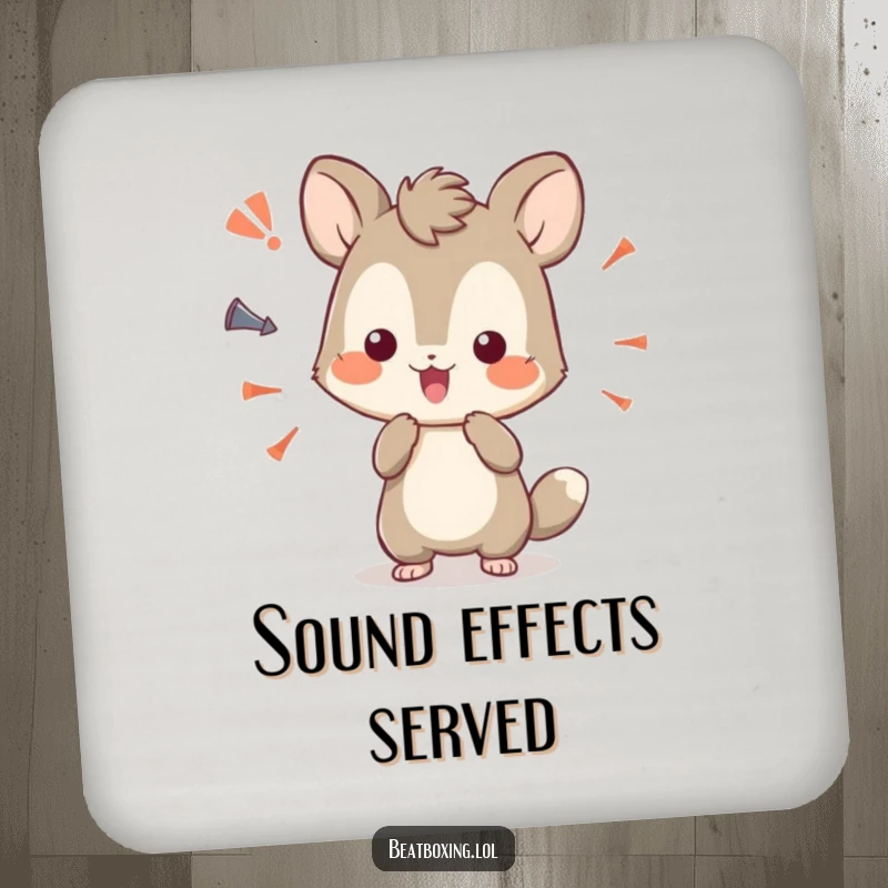 Funny drink coaster with a curious animal character playfully experimenting with various sound effects.