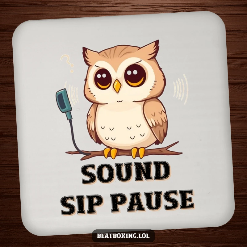 Funny coasters featuring a thoughtful owl listening to a synthesized sound wave, adding wise decor to surfaces.
