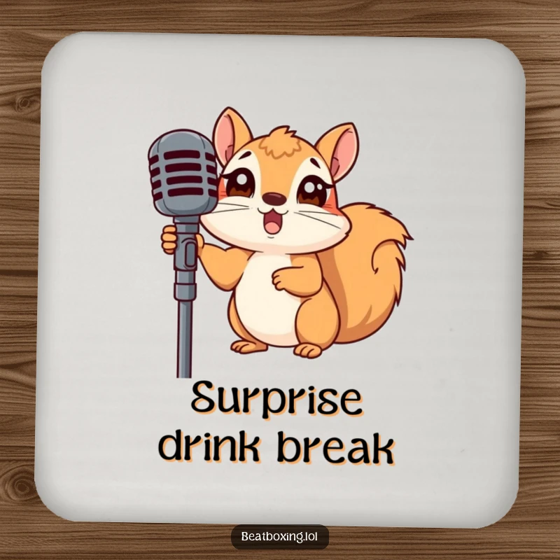 Funny drink coaster showing a surprised squirrel peeking from behind a microphone stand, adds humor to any table.